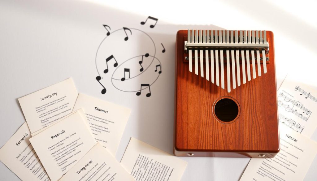 A beautifully arranged kalimba displayed prominently in the foreground, showcasing its wooden body and metal tines detailed with rich textures. Surrounding the kalimba are scattered technical specifications and features, like sound quality, materials, and tuning methods, elegantly presented on lightly textured papers. In the middle ground, a soft-focus effect on musical notes and sound waves swirling around, symbolizing the instrument's melodic character. The background features a subtle gradient of soft pastel colors to create a calm and inviting atmosphere, reminiscent of a cozy music room. Natural lighting illuminates the scene, enhancing the rich tones of the wood and the glint of the metal tines, while a slight overhead angle captures the entire composition, inviting the viewer to immerse themselves in the world of music. A beautifully arranged kalimba displayed prominently in the foreground, showcasing its wooden body and metal tines detailed with rich textures. Surrounding the kalimba are scattered technical specifications and features, like sound quality, materials, and tuning methods, elegantly presented on lightly textured papers. In the middle ground, a soft-focus effect on musical notes and sound waves swirling around, symbolizing the instrument's melodic character. The background features a subtle gradient of soft pastel colors to create a calm and inviting atmosphere, reminiscent of a cozy music room. Natural lighting illuminates the scene, enhancing the rich tones of the wood and the glint of the metal tines, while a slight overhead angle captures the entire composition, inviting the viewer to immerse themselves in the world of music.