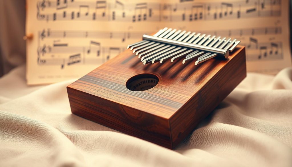A beautifully arranged kalimba, showcasing its intricate materials and resonant body. The foreground features the kalimba prominently displayed on a softly textured fabric, highlighting its wooden structure and metal tines. In the middle, a close-up view of the resonant chamber reveals rich grain patterns and craftsmanship, enhancing the visual appeal. Soft, warm lighting emphasizes the natural hues of the wood and creates subtle shadows that add depth. In the background, blurred musical notes and a serene atmosphere evoke an artistic vibe. The image should convey a sense of professionalism and craftsmanship, inviting viewers to appreciate the beauty and sound quality of the kalimba without distractions, in a crisp, clear focus as if shot with a macro lens. A beautifully arranged kalimba, showcasing its intricate materials and resonant body. The foreground features the kalimba prominently displayed on a softly textured fabric, highlighting its wooden structure and metal tines. In the middle, a close-up view of the resonant chamber reveals rich grain patterns and craftsmanship, enhancing the visual appeal. Soft, warm lighting emphasizes the natural hues of the wood and creates subtle shadows that add depth. In the background, blurred musical notes and a serene atmosphere evoke an artistic vibe. The image should convey a sense of professionalism and craftsmanship, inviting viewers to appreciate the beauty and sound quality of the kalimba without distractions, in a crisp, clear focus as if shot with a macro lens.