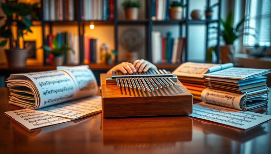 A beautifully arranged scene showcasing a kalimba and its partitions and tablature sheets. In the foreground, a wooden kalimba rests on a polished table, its keys glistening under soft, warm lighting. Surrounding the kalimba are neatly organized sheets of colorful tablature, some partially unfurled, showcasing clear notations and symbols for playing. In the middle, a subtle blurred image of a focused musician's hands can be seen, gently resting on the kalimba, emphasizing the act of playing. In the background, a softly illuminated bookshelf filled with music books and decorative plants adds depth to the scene, creating a serene and inspiring atmosphere. The overall mood is one of creativity and focus, inviting viewers to explore the world of kalimba music. A beautifully arranged scene showcasing a kalimba and its partitions and tablature sheets. In the foreground, a wooden kalimba rests on a polished table, its keys glistening under soft, warm lighting. Surrounding the kalimba are neatly organized sheets of colorful tablature, some partially unfurled, showcasing clear notations and symbols for playing. In the middle, a subtle blurred image of a focused musician's hands can be seen, gently resting on the kalimba, emphasizing the act of playing. In the background, a softly illuminated bookshelf filled with music books and decorative plants adds depth to the scene, creating a serene and inspiring atmosphere. The overall mood is one of creativity and focus, inviting viewers to explore the world of kalimba music.