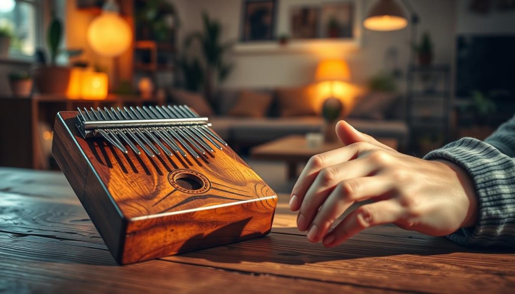 A beautifully crafted kalimba resting on a rustic wooden table, illuminated by warm, soft lighting that casts gentle shadows. The kalimba's wooden body features intricate carvings, with shiny metal tines glimmering in the light. In the foreground, a close-up captures the delicate fingers of a person playing the kalimba, dressed in modest casual clothing, conveying a sense of connection and harmony with the instrument. In the middle, a blurred background reveals an inviting living space adorned with plants and a cozy atmosphere, suggesting warmth and creativity. The overall mood is serene and inviting, enhancing the theme of exploration and understanding the nuances of kalimba prices through this captivating visual representation. A beautifully crafted kalimba resting on a rustic wooden table, illuminated by warm, soft lighting that casts gentle shadows. The kalimba's wooden body features intricate carvings, with shiny metal tines glimmering in the light. In the foreground, a close-up captures the delicate fingers of a person playing the kalimba, dressed in modest casual clothing, conveying a sense of connection and harmony with the instrument. In the middle, a blurred background reveals an inviting living space adorned with plants and a cozy atmosphere, suggesting warmth and creativity. The overall mood is serene and inviting, enhancing the theme of exploration and understanding the nuances of kalimba prices through this captivating visual representation.