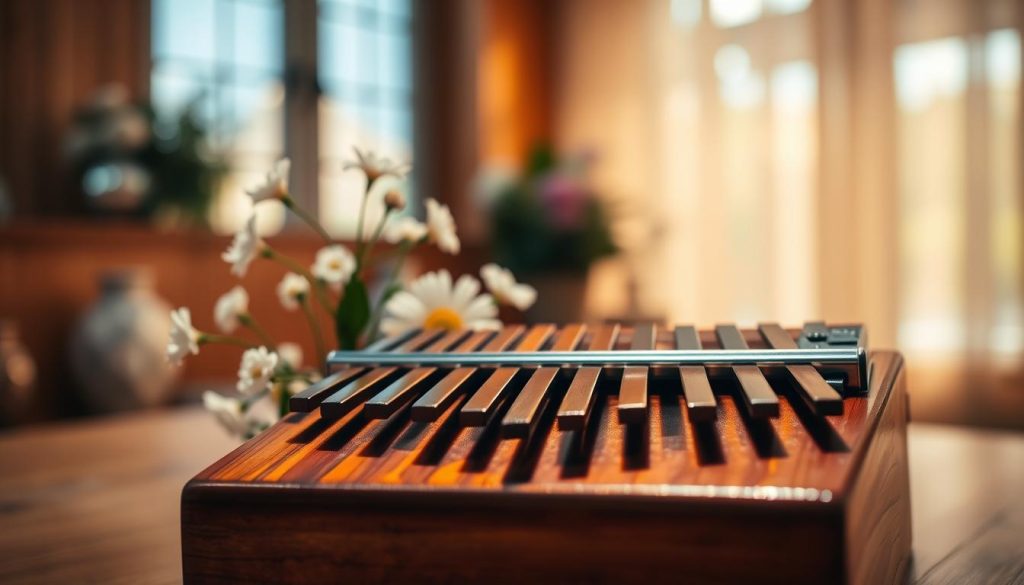 A beautifully crafted kalimba set against a soft-focus background of warm, inviting wood tones. In the foreground, the kalimba features intricately designed wooden keys, glistening as light catches their surface. The middle layer includes subtle floral arrangements, suggesting a serene atmosphere, while the background features a softly blurred room filled with natural light filtering through sheer curtains. The mood is tranquil and inspiring, inviting viewers to appreciate the expressive sound of the kalimba. The scene is illuminated with gentle, warm lighting, using a soft focus effect to enhance the sense of calm. The angle is slightly tilted, providing a dynamic perspective while foregrounding the richness of the instrument's design. A beautifully crafted kalimba set against a soft-focus background of warm, inviting wood tones. In the foreground, the kalimba features intricately designed wooden keys, glistening as light catches their surface. The middle layer includes subtle floral arrangements, suggesting a serene atmosphere, while the background features a softly blurred room filled with natural light filtering through sheer curtains. The mood is tranquil and inspiring, inviting viewers to appreciate the expressive sound of the kalimba. The scene is illuminated with gentle, warm lighting, using a soft focus effect to enhance the sense of calm. The angle is slightly tilted, providing a dynamic perspective while foregrounding the richness of the instrument's design.
