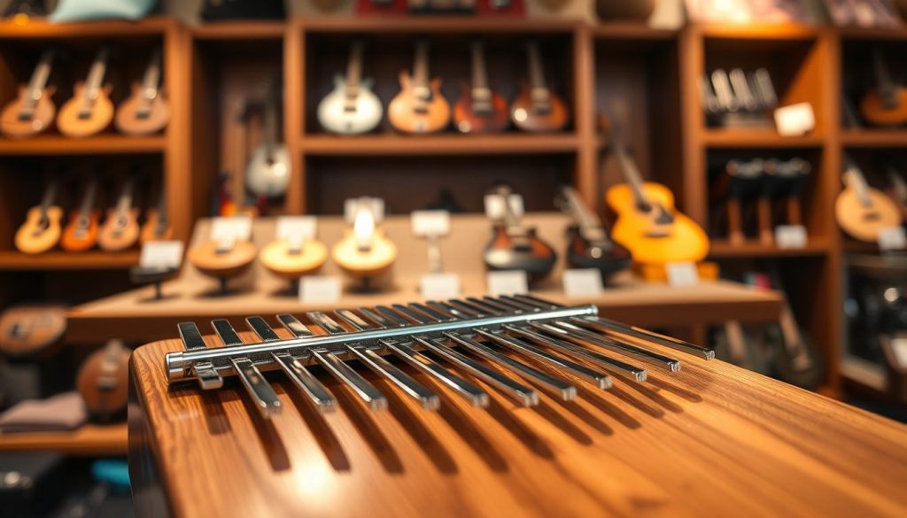 A beautifully crafted kalimba showcased prominently in the foreground, capturing its intricate wood grain and polished metal tines, glimmering under warm, soft lighting. In the middle ground, an elegant display of various kalimba models presented on a stylish wooden shelf, with small price tags visible, emphasizing quality and affordability. The background features a cozy, inviting music store interior with shelves filled with other musical instruments, subtly hinting at a high-end retail atmosphere. The overall mood is sophisticated yet approachable, combining the charm of artisanal craftsmanship and the appeal of premium quality. The image is captured with a shallow depth of field to keep the focus on the kalimba, creating a sense of warmth and expertise in the scene.