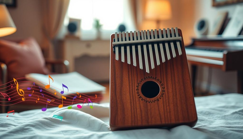 A beautifully crafted kalimba with 17 metal tines, prominently displayed in the foreground, showcasing its polished wooden body and intricate carvings. The kalimba rests on a soft, textured cloth to enhance its elegant look. In the middle ground, an array of colorful musical notes and soft, swirling patterns create a sense of rhythm and melody. In the background, a softly blurred, warm-toned room with ambient lighting and subtle musical elements, like sheet music and a faintly visible piano, sets a serene atmosphere. The overall mood is inviting and artistic, encouraging a sense of exploration into the world of kalimba music. Natural light gently illuminates the scene, highlighting the intricate details of the instrument. A beautifully crafted kalimba with 17 metal tines, prominently displayed in the foreground, showcasing its polished wooden body and intricate carvings. The kalimba rests on a soft, textured cloth to enhance its elegant look. In the middle ground, an array of colorful musical notes and soft, swirling patterns create a sense of rhythm and melody. In the background, a softly blurred, warm-toned room with ambient lighting and subtle musical elements, like sheet music and a faintly visible piano, sets a serene atmosphere. The overall mood is inviting and artistic, encouraging a sense of exploration into the world of kalimba music. Natural light gently illuminates the scene, highlighting the intricate details of the instrument.