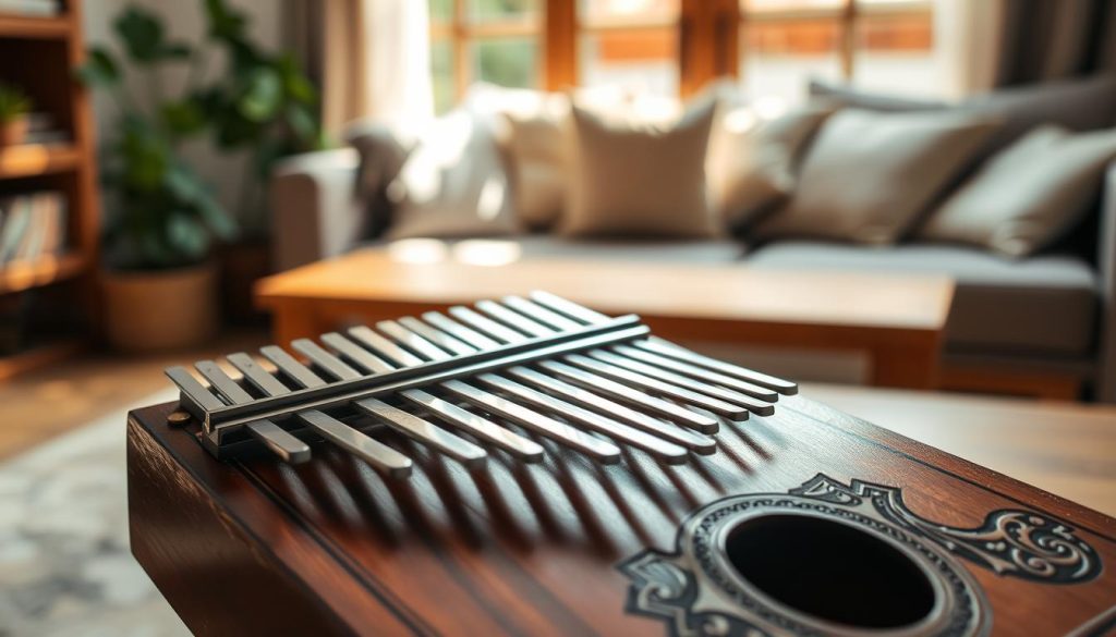 A beautifully crafted kalimba with 17 smooth, polished metal tines, tuned to the key of C major, prominently displayed in the foreground. The instrument is made of a rich, dark wood with intricate carvings adorning its body, reflecting quality craftsmanship. In the middle ground, a warm wooden table is visible, adding a rustic texture to the scene. Soft, natural light streams in from a nearby window, casting gentle shadows and highlighting the gleam of the tines. In the background, subtle hints of a serene living room environment evoke a cozy atmosphere, with soft cushions and indoor plants softly blurred. The overall mood is inviting and warm, perfect for showcasing the balance of quality and affordability in musical instruments, emphasizing accessibility for musicians of all levels. A beautifully crafted kalimba with 17 smooth, polished metal tines, tuned to the key of C major, prominently displayed in the foreground. The instrument is made of a rich, dark wood with intricate carvings adorning its body, reflecting quality craftsmanship. In the middle ground, a warm wooden table is visible, adding a rustic texture to the scene. Soft, natural light streams in from a nearby window, casting gentle shadows and highlighting the gleam of the tines. In the background, subtle hints of a serene living room environment evoke a cozy atmosphere, with soft cushions and indoor plants softly blurred. The overall mood is inviting and warm, perfect for showcasing the balance of quality and affordability in musical instruments, emphasizing accessibility for musicians of all levels.
