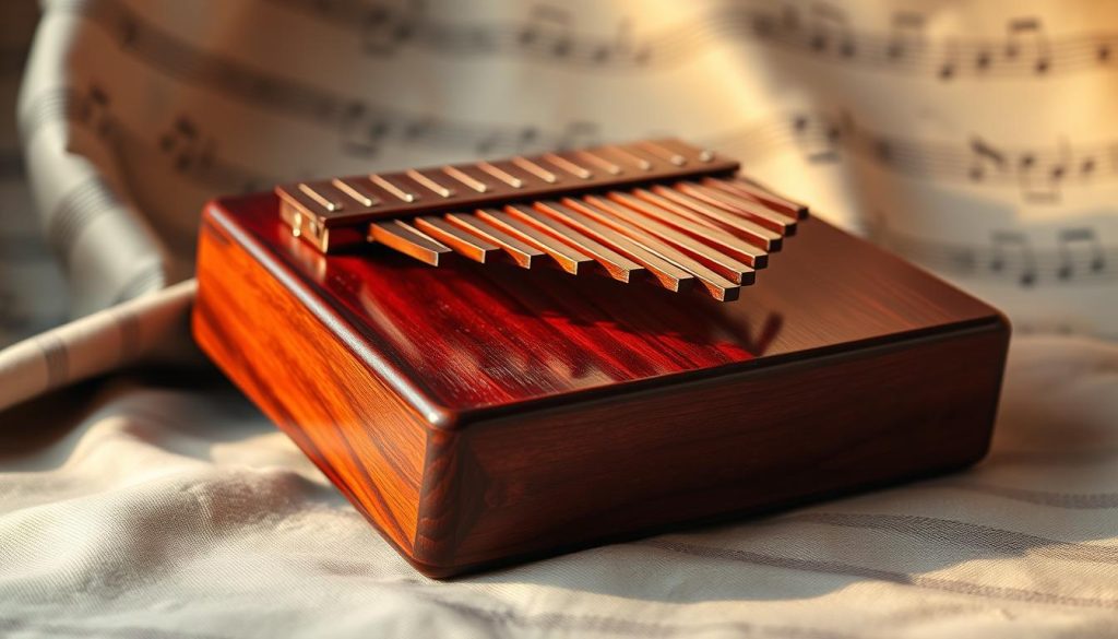 A beautifully designed kalimba chromatique showcasing its intricate details, with polished wooden keys in rich mahogany tones reflecting a warm, inviting light. The instrument is positioned in the foreground, resting on a tasteful fabric background that enhances its elegant appearance. Soft, diffused lighting creates a serene atmosphere, casting gentle shadows that highlight the contours of the kalimba. In the background, subtle musical notes blur into a soft focus, suggesting a musical ambiance. The scene is captured from a slightly elevated angle, emphasizing both the artistry of the kalimba and its craftsmanship while evoking a sense of passion for music. No text or overlays are present to detract from the beauty of the instrument. A beautifully designed kalimba chromatique showcasing its intricate details, with polished wooden keys in rich mahogany tones reflecting a warm, inviting light. The instrument is positioned in the foreground, resting on a tasteful fabric background that enhances its elegant appearance. Soft, diffused lighting creates a serene atmosphere, casting gentle shadows that highlight the contours of the kalimba. In the background, subtle musical notes blur into a soft focus, suggesting a musical ambiance. The scene is captured from a slightly elevated angle, emphasizing both the artistry of the kalimba and its craftsmanship while evoking a sense of passion for music. No text or overlays are present to detract from the beauty of the instrument.