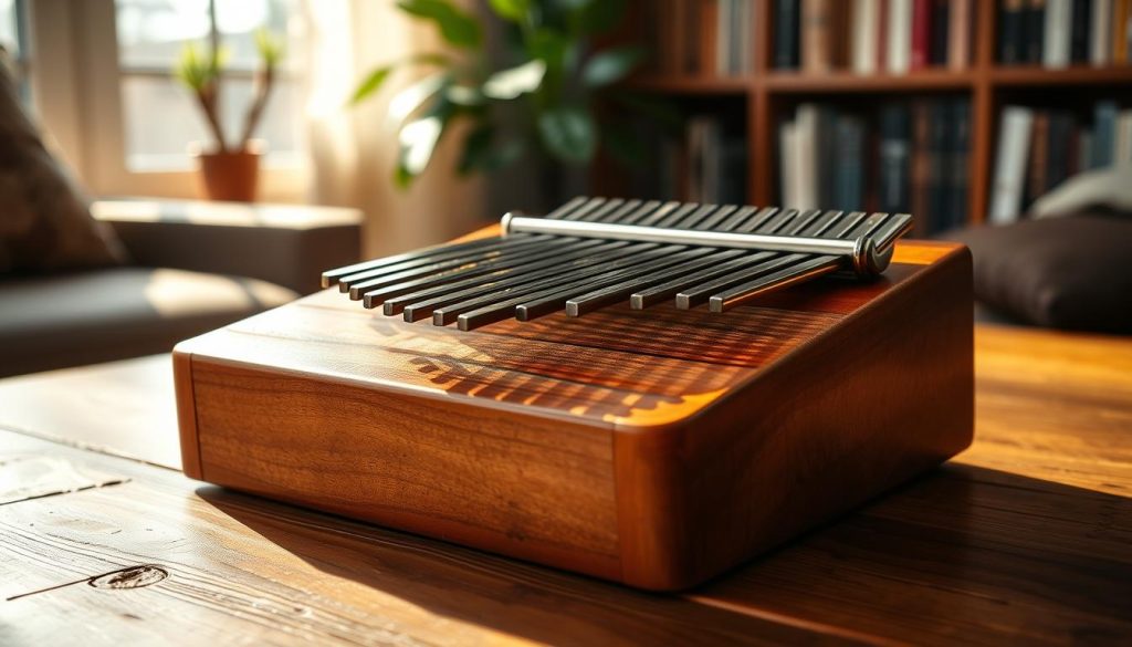 A close-up image of a kalimba, a traditional thumb piano, placed elegantly on a rustic wooden table. The kalimba is made of high-quality wood with shiny metal tines, reflecting soft, warm natural lighting. In the background, subtle hints of a cozy living room setting are visible, with a bookshelf full of books and a plant adding a touch of greenery. The scene conveys a calm and inviting atmosphere, evoking the idea of music and trustworthiness. Soft shadows enhance the details of the kalimba, while the light creates a gentle contrast that draws the viewer's eye to the instrument. The image should capture the essence of reliability and warmth surrounding the experience of music.