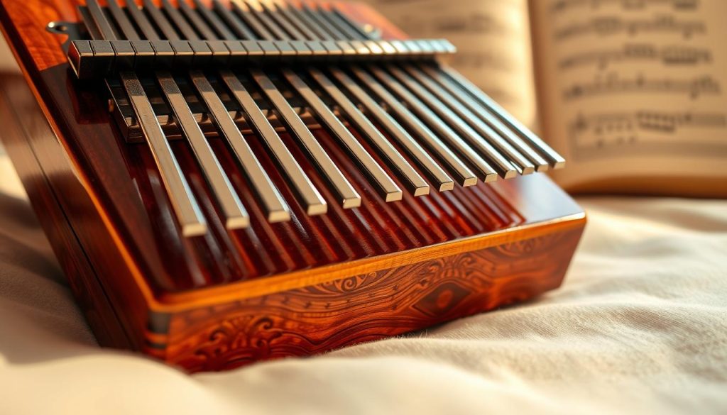 A close-up view of a beautifully crafted kalimba, showcasing its number of metal tines arranged in a fan-like formation. The kalimba features a glossy wooden body with intricate carvings that reflect light, enhancing its elegant appearance. In the foreground, the tines should be clearly visible, demonstrating varying lengths and precise tuning markings. The middle ground captures a soft, velvety fabric beneath the kalimba, offering contrast and emphasizing the instrument's details. In the background, a blurred music sheet hints at melody, giving context to the instrument. The lighting is warm and inviting, casting gentle shadows that enhance the texture of the wood and metal. The overall mood is serene and artistic, inviting viewers to appreciate the craftsmanship and musical potential of the kalimba. A close-up view of a beautifully crafted kalimba, showcasing its number of metal tines arranged in a fan-like formation. The kalimba features a glossy wooden body with intricate carvings that reflect light, enhancing its elegant appearance. In the foreground, the tines should be clearly visible, demonstrating varying lengths and precise tuning markings. The middle ground captures a soft, velvety fabric beneath the kalimba, offering contrast and emphasizing the instrument's details. In the background, a blurred music sheet hints at melody, giving context to the instrument. The lighting is warm and inviting, casting gentle shadows that enhance the texture of the wood and metal. The overall mood is serene and artistic, inviting viewers to appreciate the craftsmanship and musical potential of the kalimba.