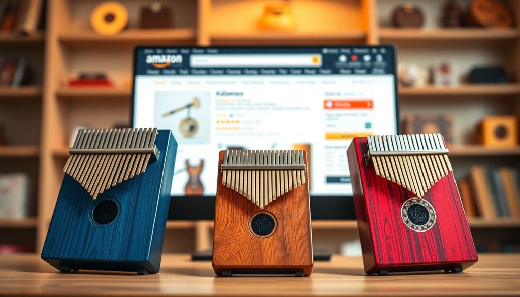 A polished, inviting Amazon shopping interface showcasing a vibrant selection of kalimbas in various colors and styles. In the foreground, display three attractive kalimbas, highlighting their intricate designs and unique textures. The middle ground features a user-friendly web page, exemplifying Amazon's rapid product choices, with product images, star ratings, and quick add-to-cart buttons. The background should blur slightly to emphasize the products, incorporating a subtle shelf or collection of musical instruments. Soft, warm lighting creates an inviting atmosphere, with a focus on clarity and detail, evoking a sense of ease in shopping. Use a slight overhead angle to capture the full display, ensuring a sleek and professional appearance perfect for illustrating the buying experience on Amazon.