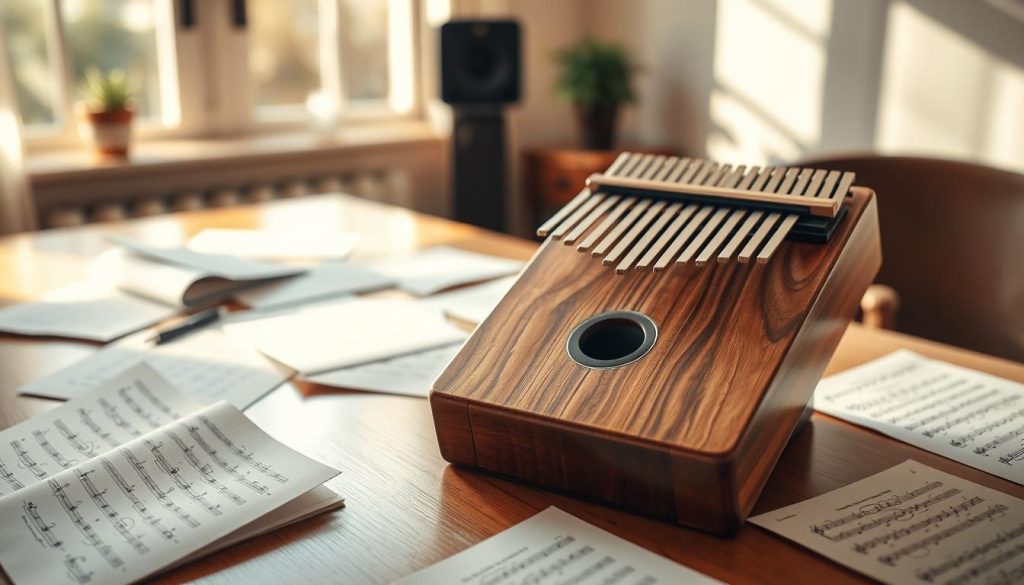 A serene home studio setting featuring a beautifully crafted kalimba resting on a polished wooden table, surrounded by scattered handwritten notes and sheets of music, symbolizing the concept of sound resonance. In the background, soft lighting filters through a window, casting gentle shadows that create a warm and inviting atmosphere. The focus is on the intricate details of the kalimba, with its metallic tines catching the light, evoking a sense of harmony. A close-up perspective reveals the texture of the notes and papers, inviting viewers to delve deeper into the sounds expressed through them. Overall, the image conveys a mood of contemplation and insight, encouraging the exploration of sound perception and reviews. A serene home studio setting featuring a beautifully crafted kalimba resting on a polished wooden table, surrounded by scattered handwritten notes and sheets of music, symbolizing the concept of sound resonance. In the background, soft lighting filters through a window, casting gentle shadows that create a warm and inviting atmosphere. The focus is on the intricate details of the kalimba, with its metallic tines catching the light, evoking a sense of harmony. A close-up perspective reveals the texture of the notes and papers, inviting viewers to delve deeper into the sounds expressed through them. Overall, the image conveys a mood of contemplation and insight, encouraging the exploration of sound perception and reviews.