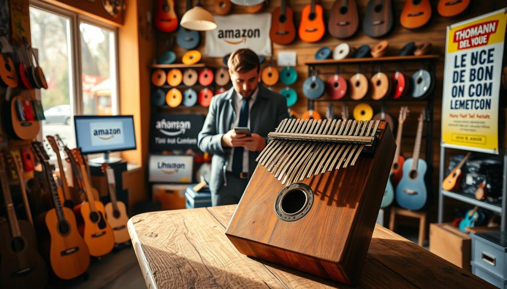 A vibrant scene depicting a cozy shop filled with various kalimbas of different sizes and colors. In the foreground, a wooden kalimba is displayed on a rustic wooden table, with soft natural light illuminating its intricate carvings. In the middle, a customer, dressed in smart casual attire, is examining the kalimba, showing curiosity and enthusiasm. In the background, shelves filled with music instruments from Thomann, a computer screen displaying Amazon’s website, and an advertisement for Le Bon Coin on a wall poster. The atmosphere is warm and inviting, emphasizing a sense of discovery and excitement about purchasing a kalimba. The focus is on the kalimba and the shopping experience, with a shallow depth of field to enhance the subject.