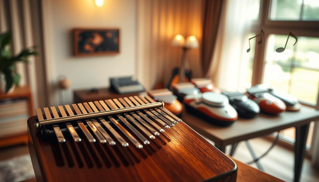 A beautifully crafted kalimba made from polished wood, prominently displayed in the foreground, showcasing its vibrant metal tines reflecting light. In the middle ground, a soft-focus setting of a serene studio with ambient lighting that emphasizes warmth—natural sunlight filtering through softly draped curtains. On a nearby table, various kalimba models from different brands are elegantly arranged, highlighting their unique designs and features. The background features a cozy atmosphere with musical notes artfully floating in the air, symbolizing resonance and harmony. The ambiance evokes calm and inspiration, inviting viewers to appreciate the artistry behind these instruments. The scene is captured from a slight overhead angle, allowing for a comprehensive view of the kalimbas while maintaining a professional and inviting feel.