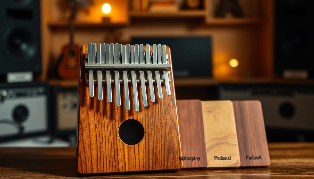 A beautifully crafted kalimba made of rich, textured wood sits prominently in the foreground, showcasing its intricately carved details and natural grain patterns. The metal tines, reflecting soft light, arrange harmoniously above the wooden body. In the middle ground, a selection of other wood samples, including mahogany, rosewood, and padauk, are displayed, emphasizing their unique colors and textures, symbolizing different sound qualities. The background features a subtle, blurred setting of a cozy music studio, with warm, inviting lighting that casts gentle shadows, creating a serene atmosphere. The focus is on the materials, conveying a deep appreciation for their impact on sound quality, inviting viewers to consider the beauty and craftsmanship of the kalimba.