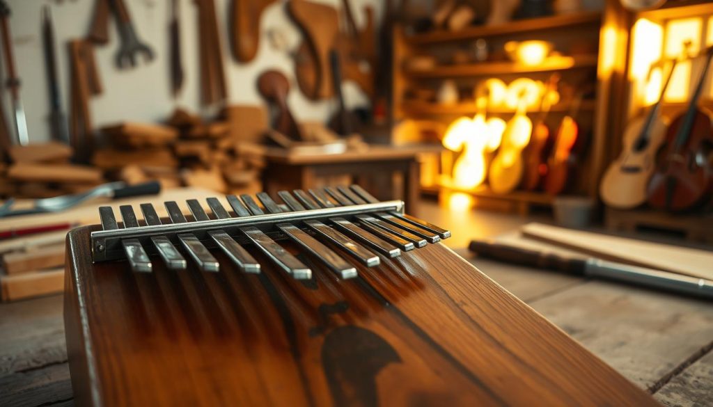 A beautifully crafted kalimba prominently placed in the foreground, showcasing its wooden body and metal tines. The wood features rich textures, displaying intricate grain patterns, while the steel tines glimmer in soft, natural light. In the middle ground, display an inviting artisanal workshop with tools and materials used for crafting musical instruments, like wood pieces and steel rods. The background fades into a warm, cozy atmosphere with shelves lined with various instruments, illuminating the space with golden hour lighting that accentuates the warm tones of the wood. Overall, the mood is serene and focused, inviting the viewer to appreciate the craftsmanship and quality in instrument making. A beautifully crafted kalimba prominently placed in the foreground, showcasing its wooden body and metal tines. The wood features rich textures, displaying intricate grain patterns, while the steel tines glimmer in soft, natural light. In the middle ground, display an inviting artisanal workshop with tools and materials used for crafting musical instruments, like wood pieces and steel rods. The background fades into a warm, cozy atmosphere with shelves lined with various instruments, illuminating the space with golden hour lighting that accentuates the warm tones of the wood. Overall, the mood is serene and focused, inviting the viewer to appreciate the craftsmanship and quality in instrument making.