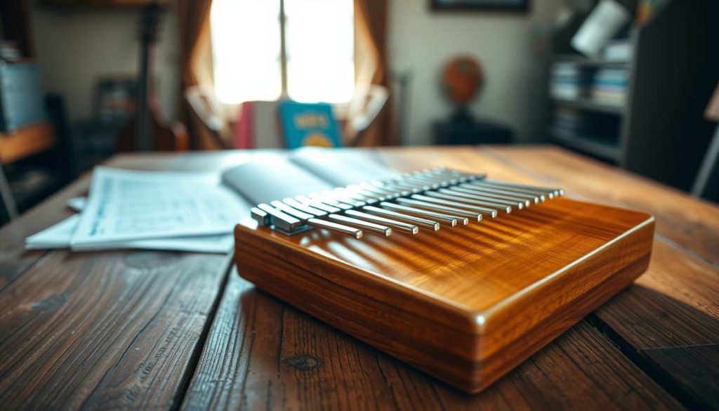 A beautifully crafted kalimba resting on a rustic wooden table in a softly lit room. The kalimba features rich, warm wood tones with shiny metal tines, showcasing its intricate craftsmanship. In the foreground, the instrument is centered, with a close-up view highlighting the texture of the wood and the shine of the tines. In the middle ground, subtle hints of sheet music and a couple of colorful rhythm books are slightly blurred, adding context. The background includes a cozy, inviting atmosphere with soft natural light filtering through a nearby window, casting gentle shadows. The mood is warm and serene, evoking a sense of tranquility and inspiration for musical exploration.