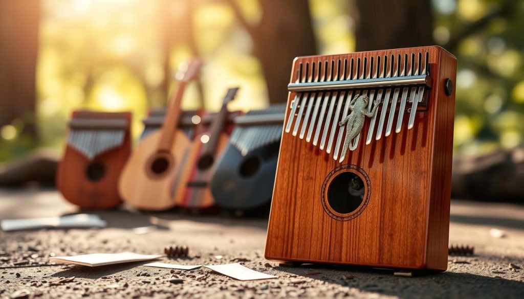 A beautifully crafted kalimba with gecko motifs, situated prominently in the foreground. The kalimba's wooden body gleams under soft, warm lighting that highlights its smooth texture and the intricate designs of the gecko carvings. In the middle ground, a few notes are scattered around, implying recent use, while a blurred group of different kalimbas can be seen, showcasing the variety in the Gecko brand. The background features a serene natural setting, with hints of greenery and soft sunlight filtering through trees, creating an inviting and tranquil atmosphere. Use a shallow depth of field to emphasize the main kalimba, capturing a warm, inviting mood that reflects the charm of Gecko instruments.