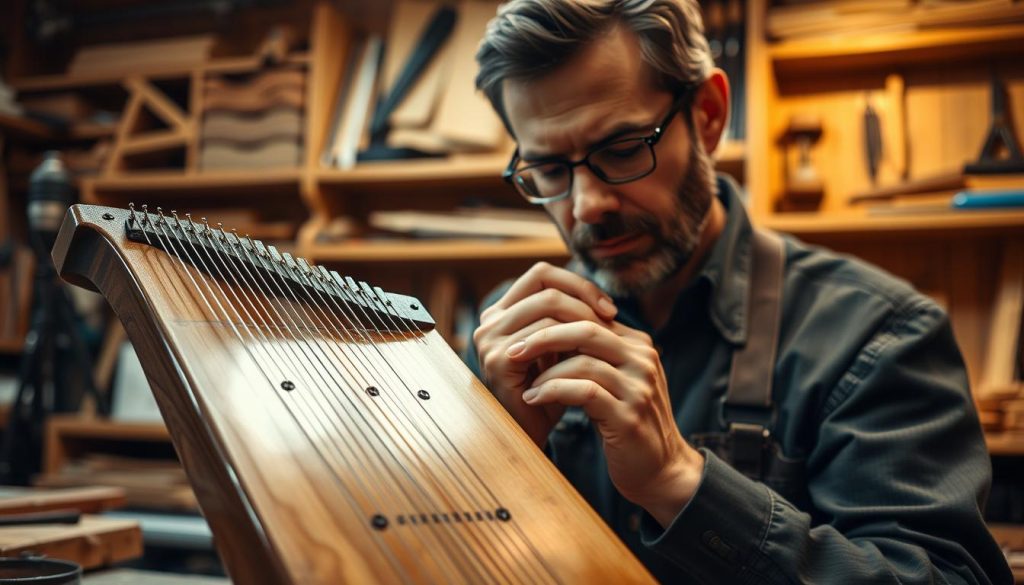 A close-up scene of a musical instrument tuning process, showcasing a skilled craftsman in a workshop, focused and wearing professional attire. The foreground features a beautifully crafted instrument, perhaps a mouth harp or similar, with a delicate, intricate design highlighting its premium quality. In the middle ground, the craftsman is carefully adjusting the tuning pegs, emphasizing stability and precision. The background reveals wooden shelves filled with tools and materials, bathed in warm, soft lighting that creates a cozy and inviting atmosphere. The scene captures the essence of craftsmanship and dedication to durability, with a shallow depth of field to keep the focus on the instrument and the act of tuning. A close-up scene of a musical instrument tuning process, showcasing a skilled craftsman in a workshop, focused and wearing professional attire. The foreground features a beautifully crafted instrument, perhaps a mouth harp or similar, with a delicate, intricate design highlighting its premium quality. In the middle ground, the craftsman is carefully adjusting the tuning pegs, emphasizing stability and precision. The background reveals wooden shelves filled with tools and materials, bathed in warm, soft lighting that creates a cozy and inviting atmosphere. The scene captures the essence of craftsmanship and dedication to durability, with a shallow depth of field to keep the focus on the instrument and the act of tuning.