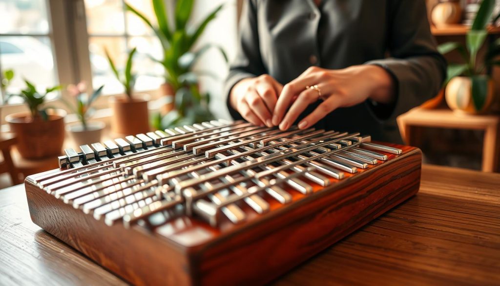 A close-up view of a beautifully crafted kalimba, resting on a wooden table. The foreground features the instrument with shimmering metal tines reflecting soft natural light, highlighting their polished surfaces. In the middle, a pair of hands, clad in modest professional attire, delicately adjusts the tines, emphasizing the tuning process. The background is softly blurred, hinting at a cozy music studio filled with plants and wooden decor, creating an inviting atmosphere. Use warm, diffused lighting to evoke a sense of tranquility and focus on precision. Capture the essence of tuning and the beauty of sound in this serene setting. The overall mood is calm and encouraging, ideal for showcasing the importance of careful inspection before purchase. A close-up view of a beautifully crafted kalimba, resting on a wooden table. The foreground features the instrument with shimmering metal tines reflecting soft natural light, highlighting their polished surfaces. In the middle, a pair of hands, clad in modest professional attire, delicately adjusts the tines, emphasizing the tuning process. The background is softly blurred, hinting at a cozy music studio filled with plants and wooden decor, creating an inviting atmosphere. Use warm, diffused lighting to evoke a sense of tranquility and focus on precision. Capture the essence of tuning and the beauty of sound in this serene setting. The overall mood is calm and encouraging, ideal for showcasing the importance of careful inspection before purchase.
