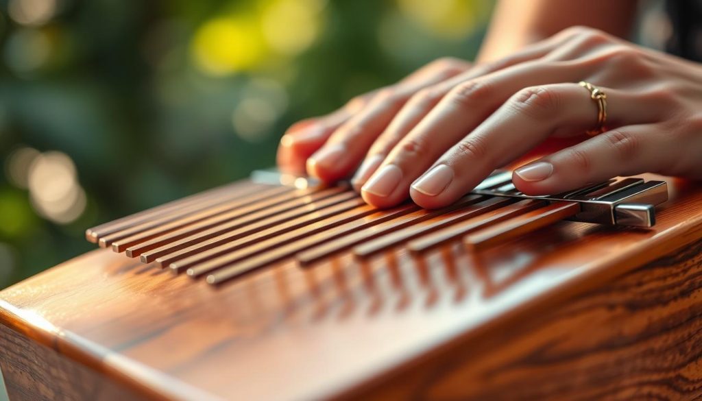A close-up view of a person's hands gently playing a kalimba, showcasing ergonomic design elements. The foreground features elegantly shaped wooden keys under soft, warm lighting, with fingers positioned thoughtfully to illustrate comfort during play. In the middle ground, the sleek contours of the kalimba's body highlight its design, emphasizing user-friendly features that enhance the playing experience over time. The background is softly blurred, hinting at a serene, natural environment, evoking a sense of tranquility and immersion in music. The scene captures a moment of focus and ease, reflecting the essential balance of ergonomics and aesthetics, inviting viewers into the world of musical exploration. A close-up view of a person's hands gently playing a kalimba, showcasing ergonomic design elements. The foreground features elegantly shaped wooden keys under soft, warm lighting, with fingers positioned thoughtfully to illustrate comfort during play. In the middle ground, the sleek contours of the kalimba's body highlight its design, emphasizing user-friendly features that enhance the playing experience over time. The background is softly blurred, hinting at a serene, natural environment, evoking a sense of tranquility and immersion in music. The scene captures a moment of focus and ease, reflecting the essential balance of ergonomics and aesthetics, inviting viewers into the world of musical exploration.