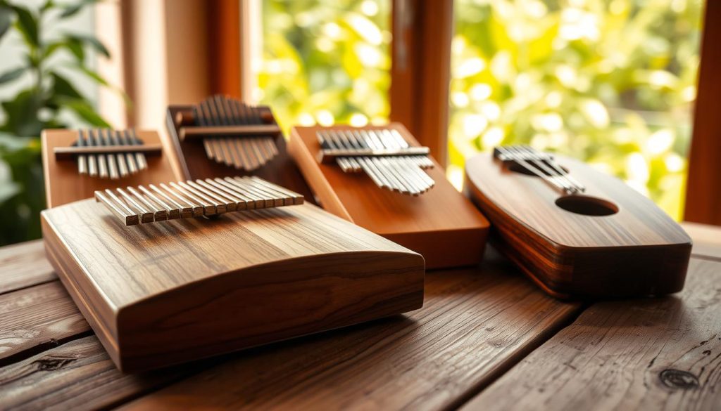 A close-up view of various wooden thumb pianos, beautifully arranged on a rustic wooden table, showcasing different types of wooden tones and finishes. In the foreground, focus on a sleek Hokema piano with elegant grain patterns, surrounded by Hluru and Gecko models, each highlighting distinct wood textures and craftsmanship. The middle ground presents soft natural light filtering through a nearby window, casting gentle shadows and emphasizing the intricate details of the instruments. In the background, blurred green foliage suggests an outdoor setting, creating a serene atmosphere. The overall mood of the image is warm and inviting, evoking a sense of craftsmanship and musical exploration.