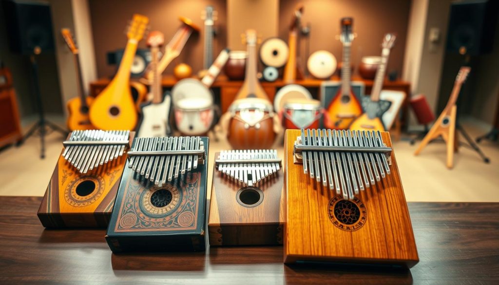 A detailed comparison of traditional musical instruments from around the world, focusing on various kalimbas and other notable instruments. In the foreground, showcase a selection of exquisite kalimbas with intricate designs and vibrant colors, each positioned on a polished wooden table. In the middle ground, display an array of different cultural instruments, such as the sitar, djembe, and shamisen, arranged engagingly. The background features a softly blurred music studio setting with warm lighting, creating an inviting atmosphere. Use a soft focus lens effect to highlight the kalimbas, enhancing their textures and details. The mood is one of appreciation and exploration of musical diversity, inviting viewers to discover the beauty of global instruments.
