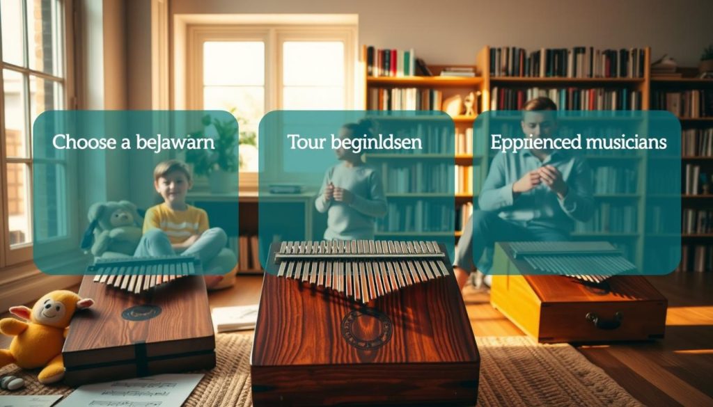 A serene room featuring three distinct sections dedicated to choosing a kalimba based on user profiles: beginners, children, and experienced musicians. In the foreground, a beautiful wooden kalimba with rich grains sits in a cozy setting, surrounded by colorful music sheets and a cheerful plush toy for children. In the middle ground, three individuals are depicted: a child joyfully playing, a beginner curiously exploring their kalimba, and an experienced musician confidently performing, dressed in professional, casual attire. The background features a softly lit bookshelf filled with music books, creating an inspiring atmosphere. Warm natural light filters through a window, casting gentle shadows and highlighting the vibrant colors of the kalimbas, inviting viewers into this harmonious scene of musical exploration.