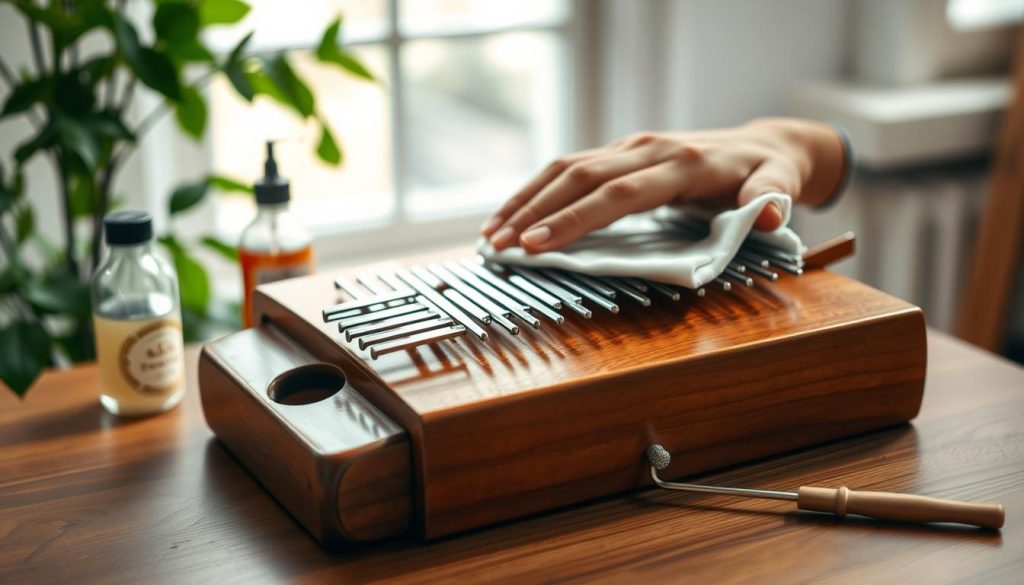 A serene workspace featuring a beautifully crafted kalimba on a wooden table, the focus on its polished wooden body and delicate metal tines, reflecting care and attention to maintenance. In the foreground, a pair of hands gently cleaning the kalimba with a soft cloth, showcasing proper care techniques. The middle ground includes a small bottle of wood conditioner and a tuning tool, symbolizing upkeep and longevity. The background displays soft, natural light filtering through a window with green foliage, creating a warm and inviting atmosphere. The image conveys a sense of tranquility and respect for craftsmanship, emphasizing the importance of preserving the wood, tines, and resonance of the instrument. A serene workspace featuring a beautifully crafted kalimba on a wooden table, the focus on its polished wooden body and delicate metal tines, reflecting care and attention to maintenance. In the foreground, a pair of hands gently cleaning the kalimba with a soft cloth, showcasing proper care techniques. The middle ground includes a small bottle of wood conditioner and a tuning tool, symbolizing upkeep and longevity. The background displays soft, natural light filtering through a window with green foliage, creating a warm and inviting atmosphere. The image conveys a sense of tranquility and respect for craftsmanship, emphasizing the importance of preserving the wood, tines, and resonance of the instrument.